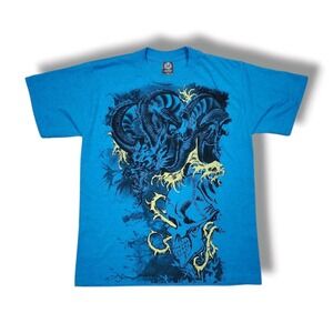 Vintage Dragon Skull Asian Themed Grunge Blue Y2K Hybrid Tees T-Shirt Youths L